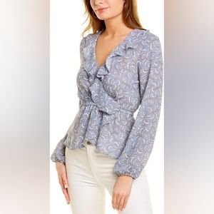 Max Studio Women's Ruffle Trim Long Sleeves  Wrap Blouse - Blue - Medium - EUC